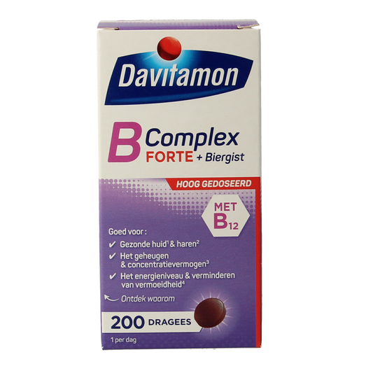 Davitamon Vitamin B Complex Forte 200 dragees, multi-vitamin supplement with B vitamins in a blister pack.
