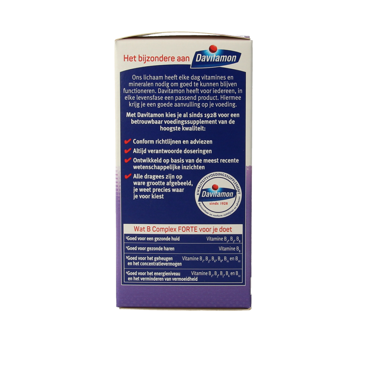 Davitamon Vitamin B Complex Forte 200 Dragees bottle with colorful tablets, supplement packaging featuring brand logo and product details.