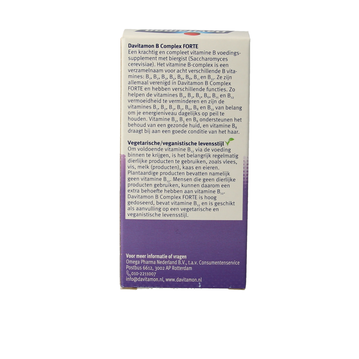 Davitamon Vitamin B Complex Forte dragees in a blister pack, featuring colorful oval-shaped tablets.