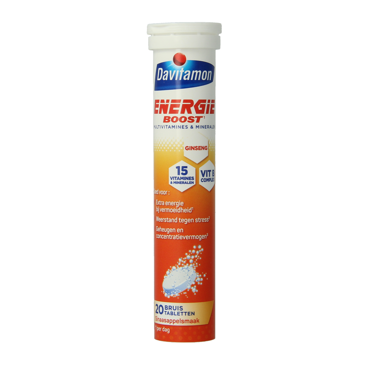 Davitamon Energie Boost Ginseng multi-vitamin effervescent tablets in a blister pack, designed to enhance energy and vitality.