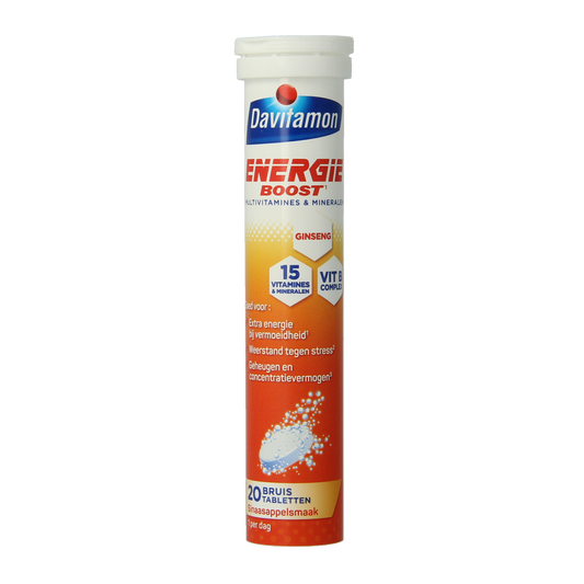 Davitamon Energie Boost Ginseng multi-vitamin effervescent tablets in a blister pack, designed to enhance energy and vitality.