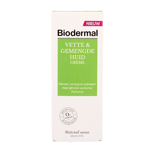 Biodermal Vet & Gemengde Huid gezichtsverzorgingscrème in 50ml jar, featuring creamy texture for mixed and sensitive skin.