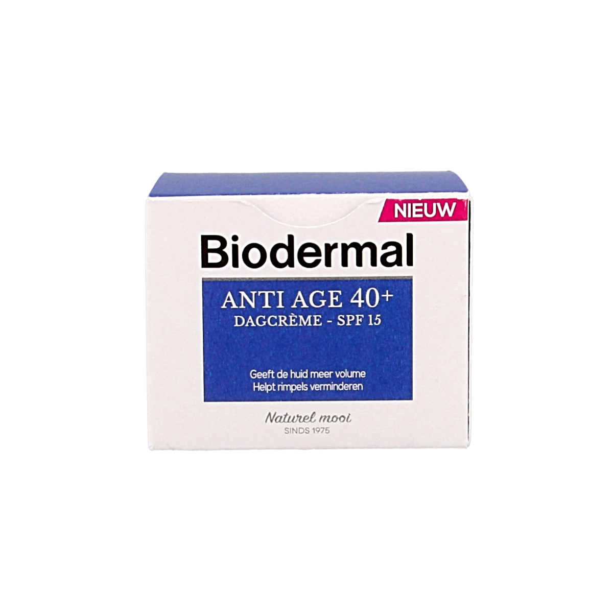 Biodermal anti-age day cream for 40+ with 50ml, facial skincare product in a white jar with blue accents
