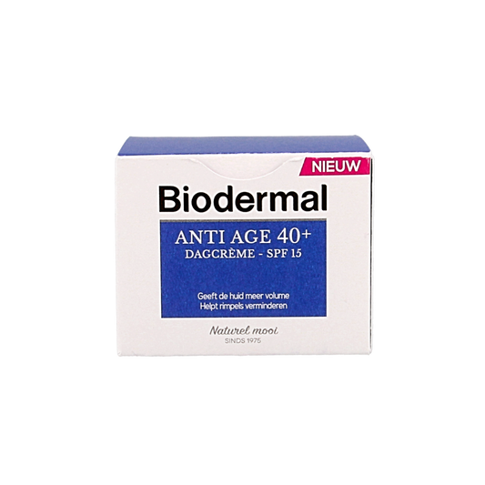 Biodermal anti-age day cream for 40+ with 50ml, facial skincare product in a white jar with blue accents