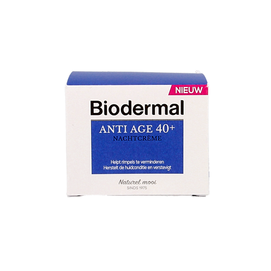 Biodermal Nachtcreme anti-age 40+ gezichtsverzorging in 50ml jar, cream texture with anti-aging benefits.