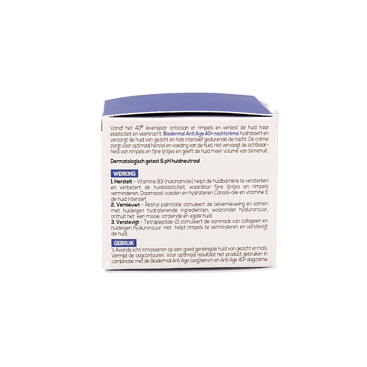 Biodermal anti-age night cream for 40+ with 50ml, facial skincare product in a white jar with blue accents.