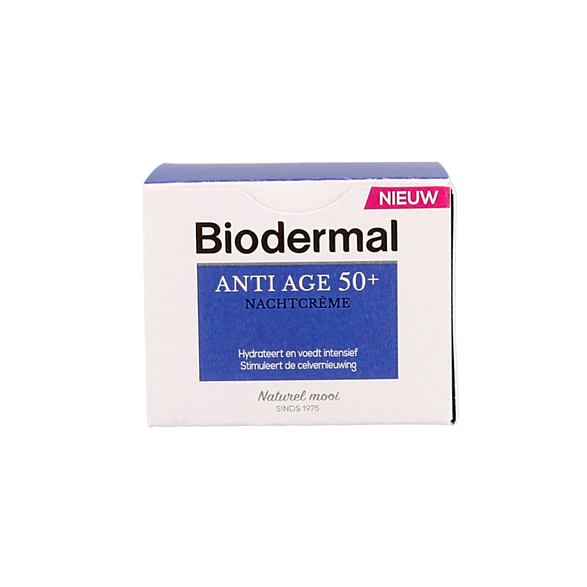 Biodermal anti-age night cream for 50+ with 50ml, facial skincare product in a jar, designed for mature skin nourishment.