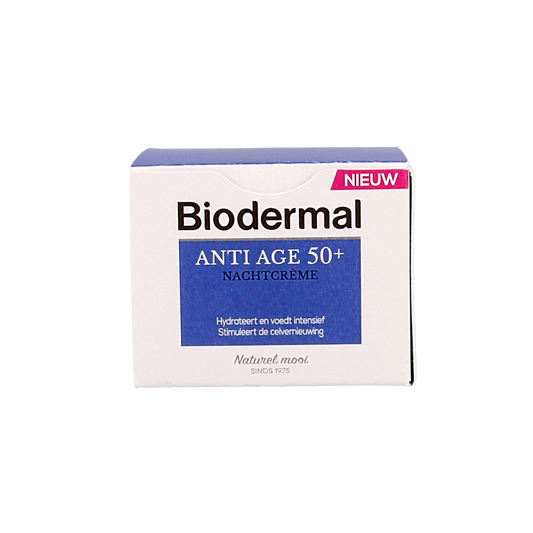 Biodermal anti-age night cream for 50+ with 50ml, facial skincare product in a jar, designed for mature skin nourishment.