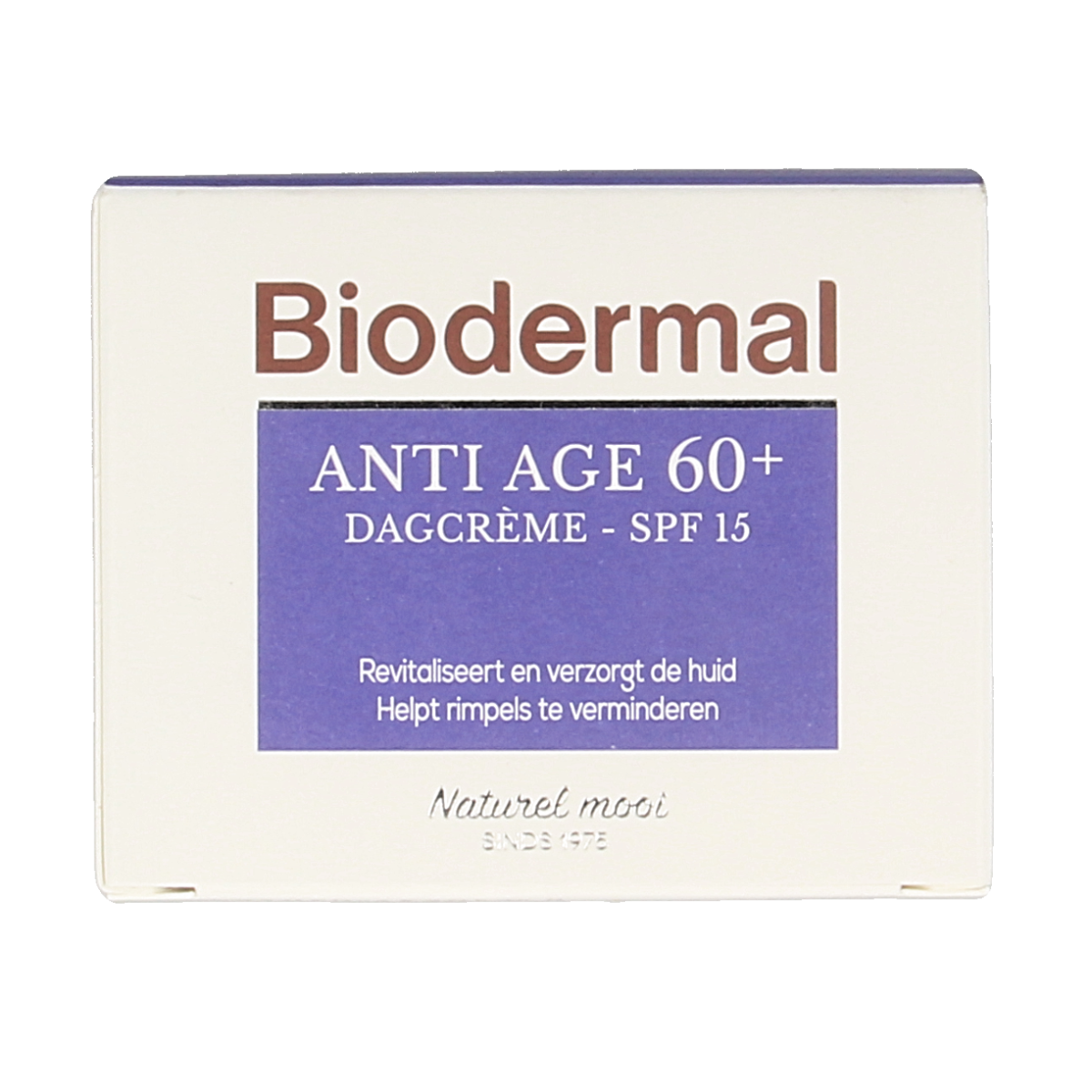 Biodermal anti-age facial day cream for 60+ with 50ml jar, moisturizing skincare for mature skin.