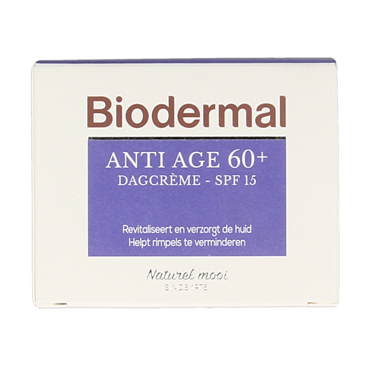Biodermal anti-age facial day cream for 60+ with 50ml jar, moisturizing skincare for mature skin.