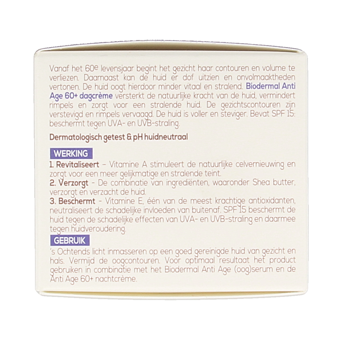 Biodermal anti-age day cream for 60+ with 50ml, facial skincare product in a white jar with blue and silver accents.