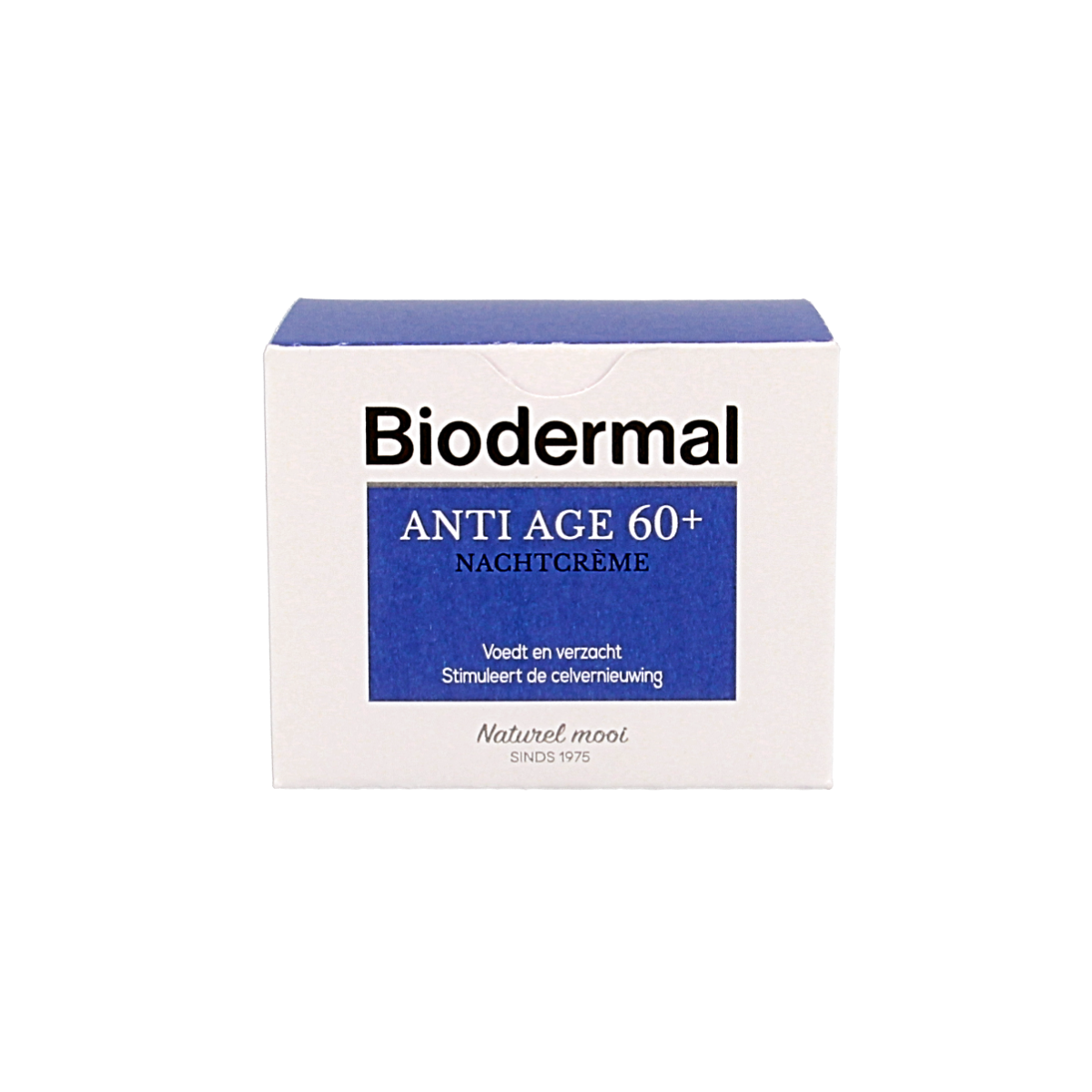 Biodermal anti-age night cream for 60+ in a 50ml jar, facial skincare product with a white and blue packaging design.