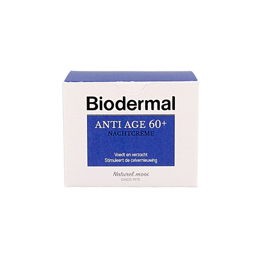 Biodermal anti-age night cream for 60+ in a 50ml jar, facial skincare product with a white and blue packaging design.