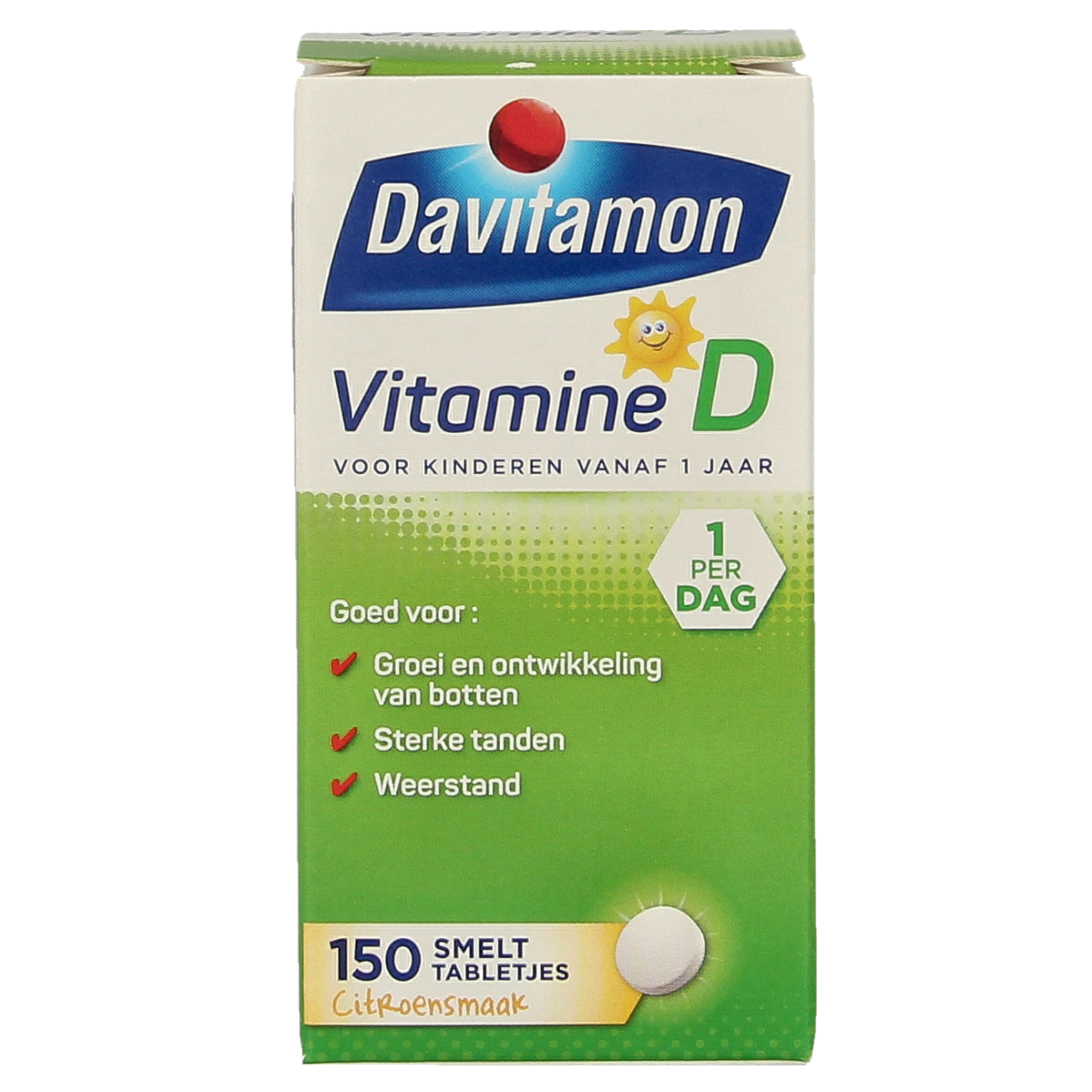 Davitamon Vitamin D Kinder Smelttablet, 150 chewable tablets, showing the colorful tablets in a container.