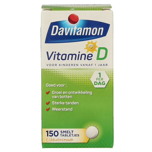Davitamon Vitamin D Kinder Smelttablet, 150 chewable tablets, showing the colorful tablets in a container.