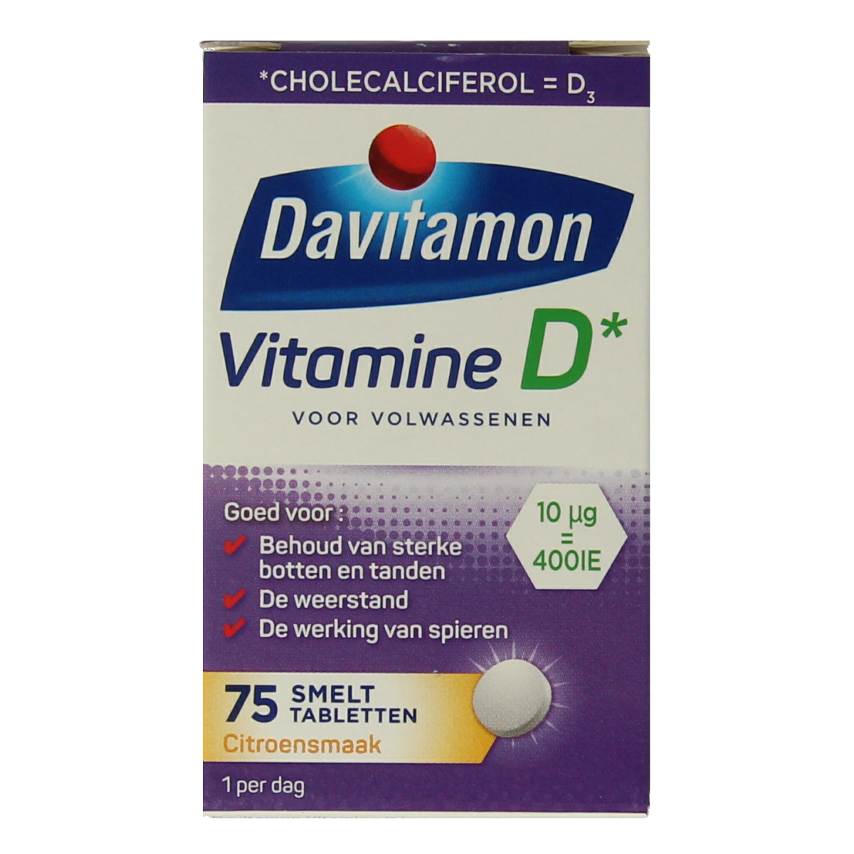 Davitamon Vitamin D adult melt-in tablet, 75 count, showing the orange chewable tablet designed for vitamin D supplementation.