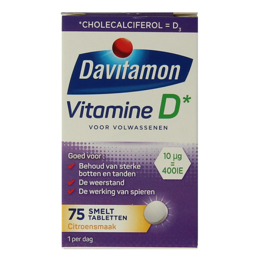 Davitamon Vitamin D adult melt-in tablet, 75 count, showing the orange chewable tablet designed for vitamin D supplementation.
