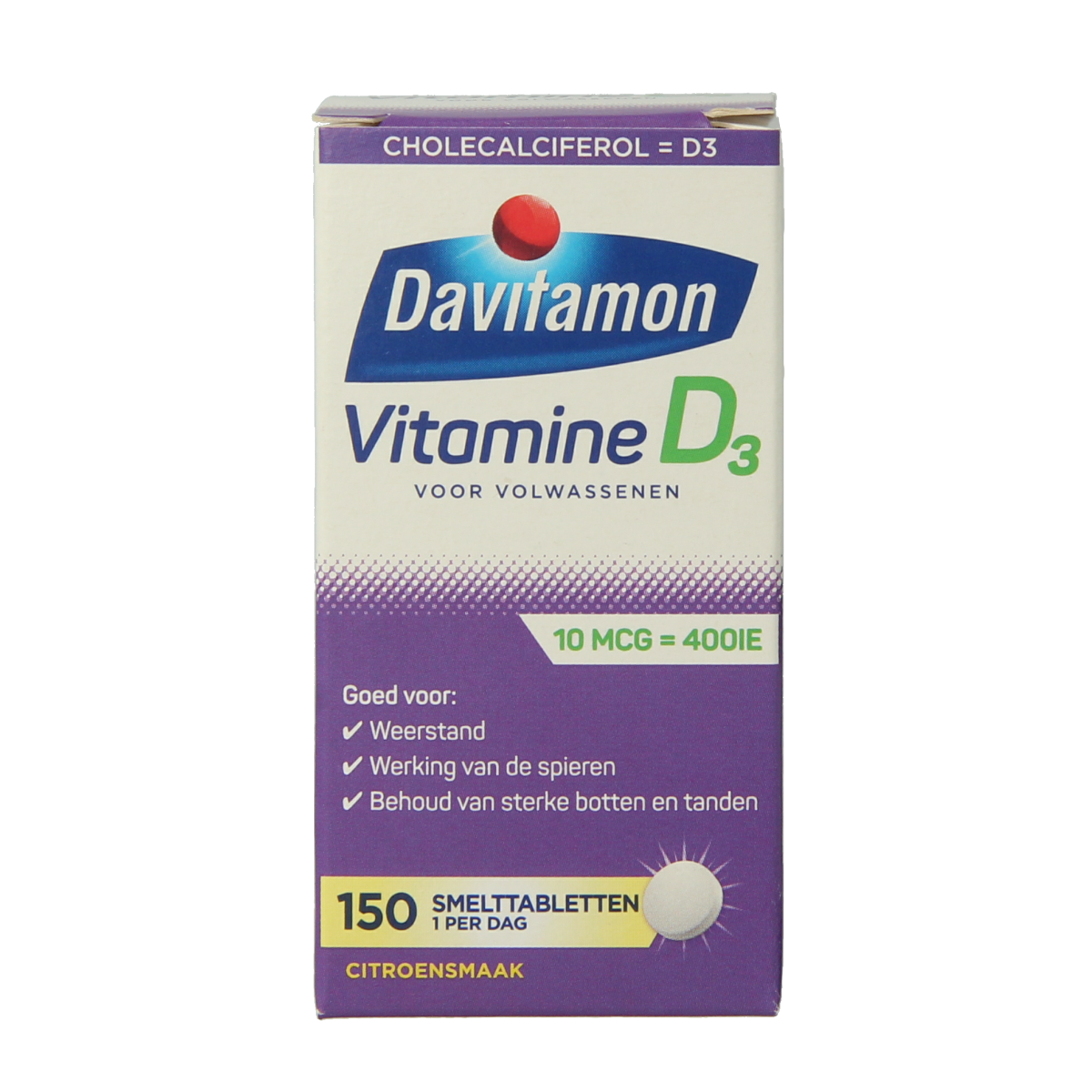Davitamon Vitamin D adult melt tablet, 150 count, showing orange flavored vitamin D tablets for adults.