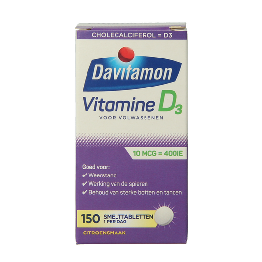 Davitamon Vitamin D adult melt tablet, 150 count, showing orange flavored vitamin D tablets for adults.