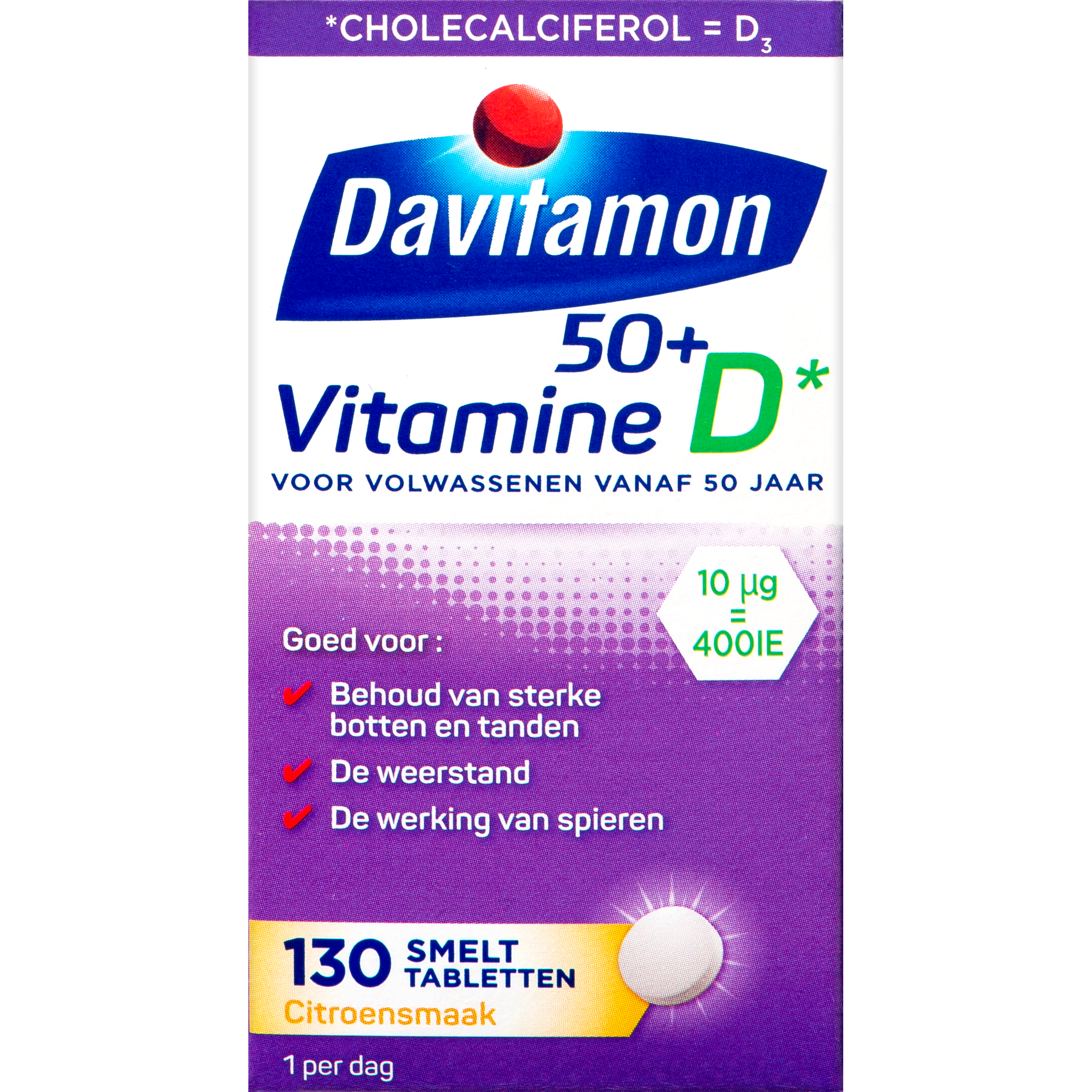 Davitamon Vitamin D 50+ soluble tablets, 130 count, showing the packaging and tablets of this supplement for older adults.
