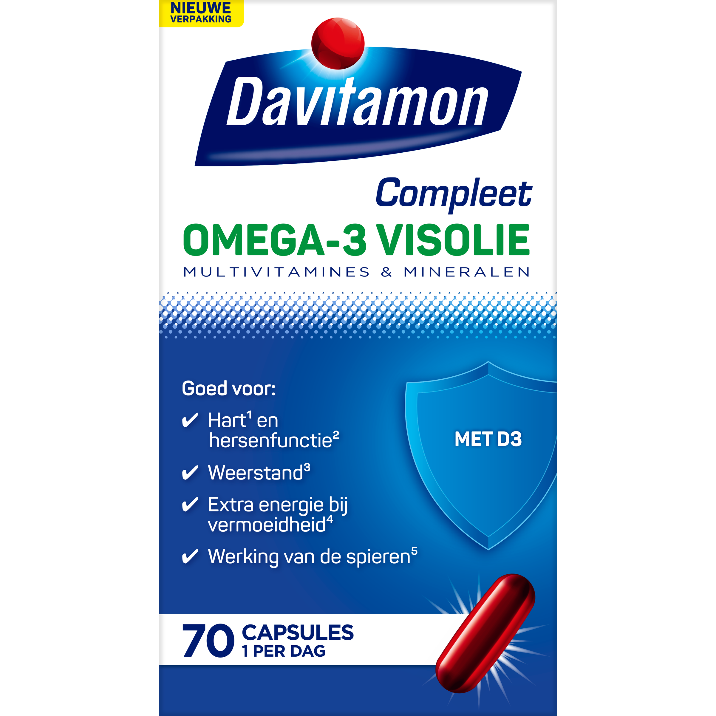 Davitamon Compleet Omega 3 fish oil capsules, softgel supplement for heart and brain health, 70 capsules.