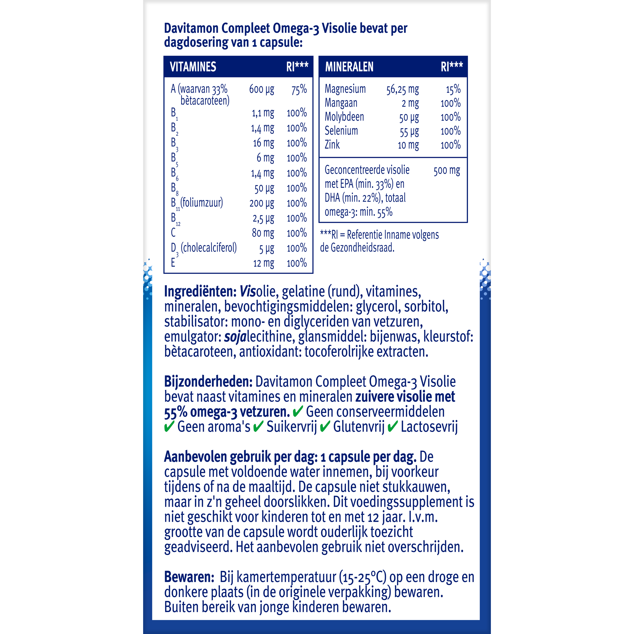 Davitamon Compleet Omega 3 capsules, fish oil supplement, featuring 70 softgel capsules for healthy heart and brain support.