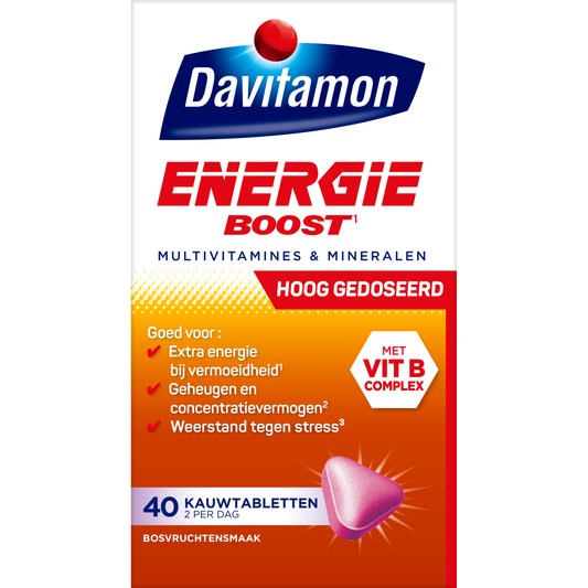 Davitamon Energie Boost multivitamine kauwtabletten with mixed berry flavor, 40 count, for daily vitamin support.
