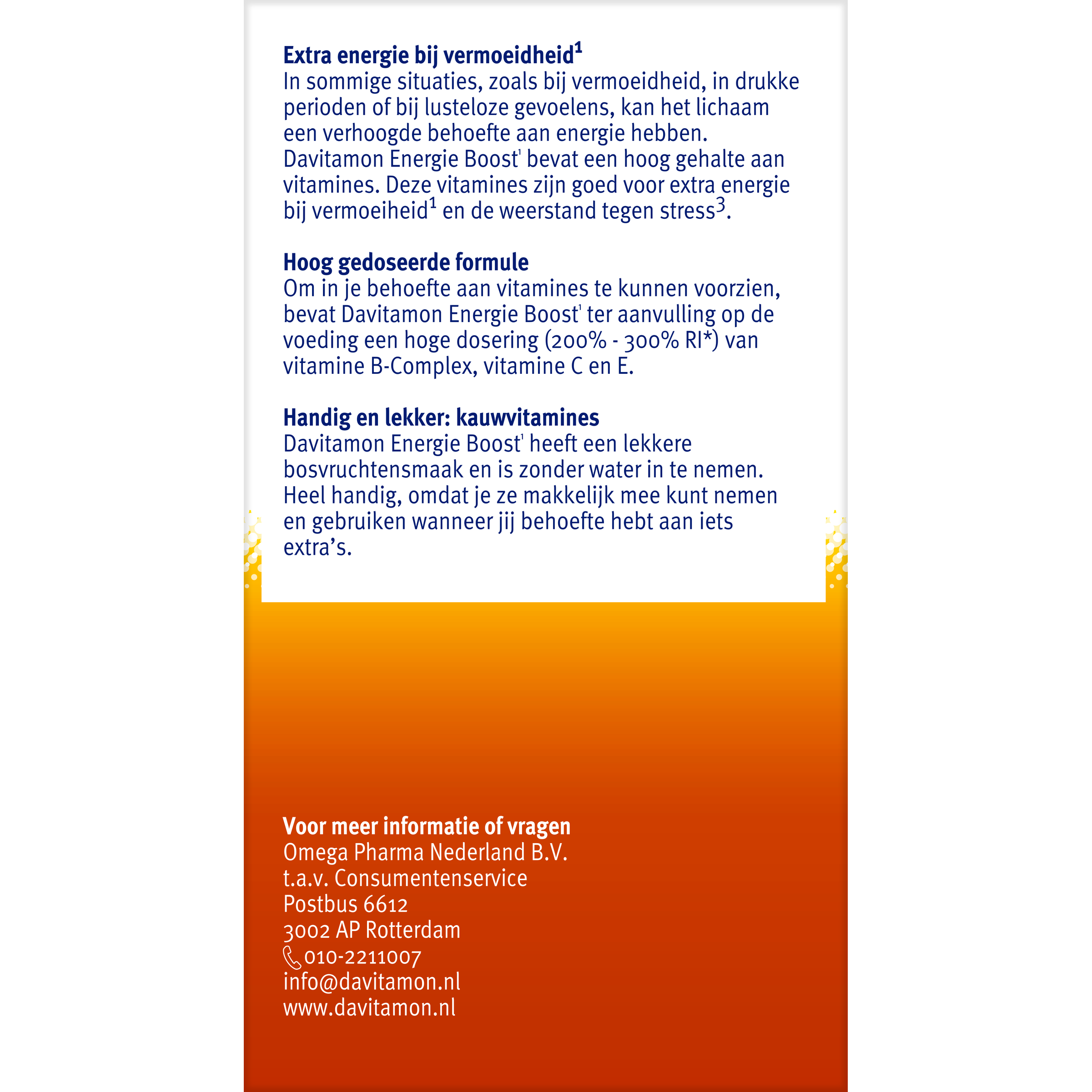 Davitamon Energie Boost multi-vitamin chewable tablets with mixed fruit flavor, shown in the product image.