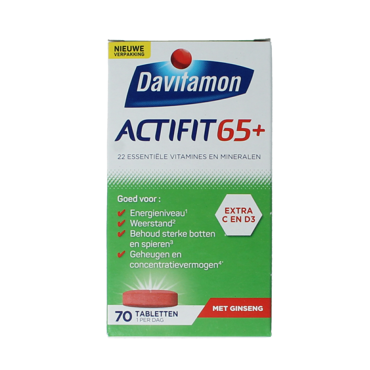 Davitamon Actifit 65+ multivitamin tablets in a blister pack, dietary supplement for adults over 65 years.
