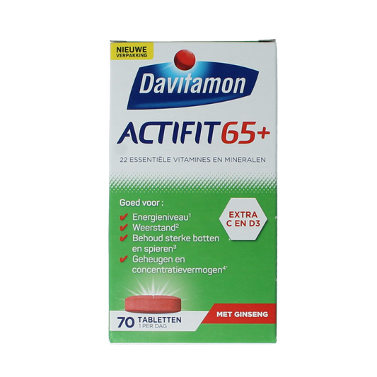 Davitamon Actifit 65+ multivitamin tablets in a blister pack, dietary supplement for adults over 65 years.