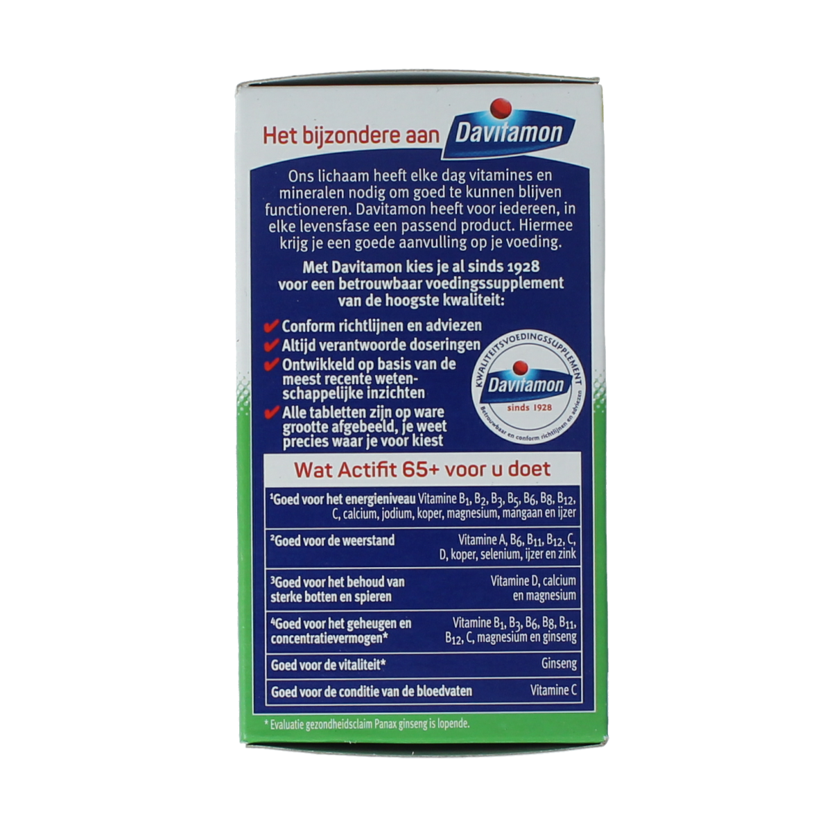 Davitamon Actifit 65+ multivitamin tablets, showing a bottle of 70 tablets for adults over 65 years old.