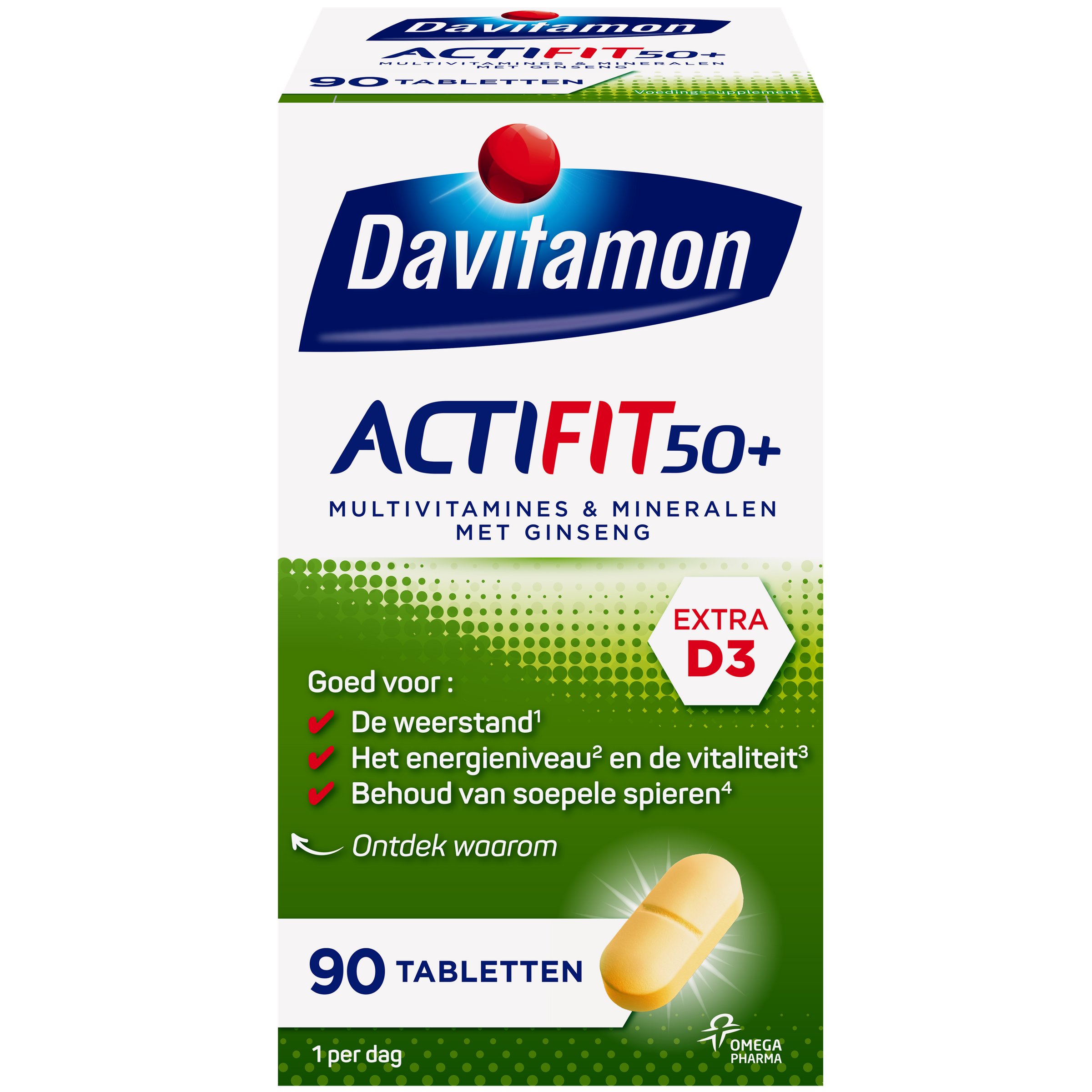 Davitamon Actifit 50+ multivitamin tablets in a blister pack, designed for adults over 50, showing the product packaging.
