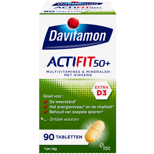 Davitamon Actifit 50+ multivitamin tablets in a blister pack, designed for adults over 50, showing the product packaging.