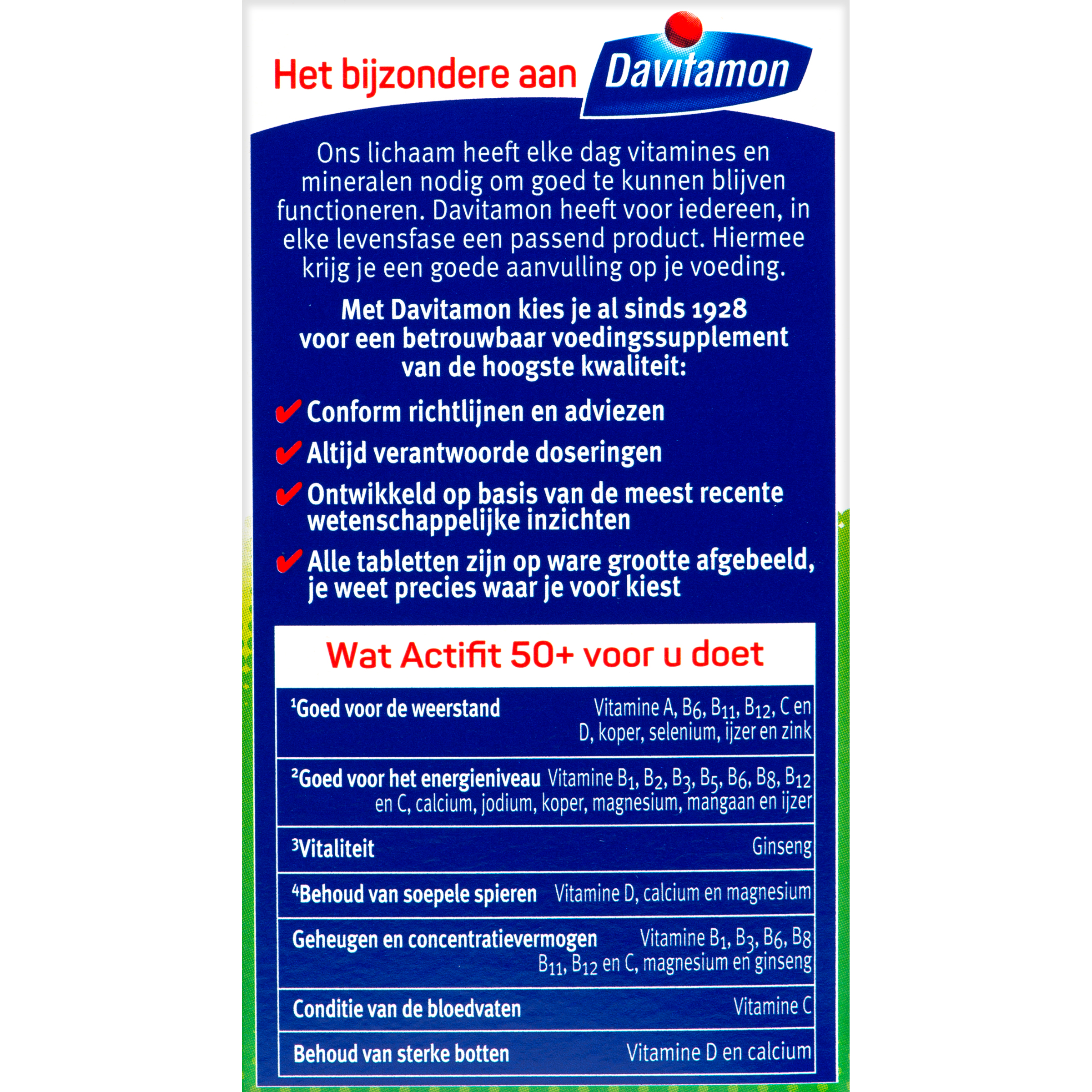 Davitamon Actifit 50+ multivitamin tablets in a bottle, dietary supplement for adults over 50, 90 tablets.