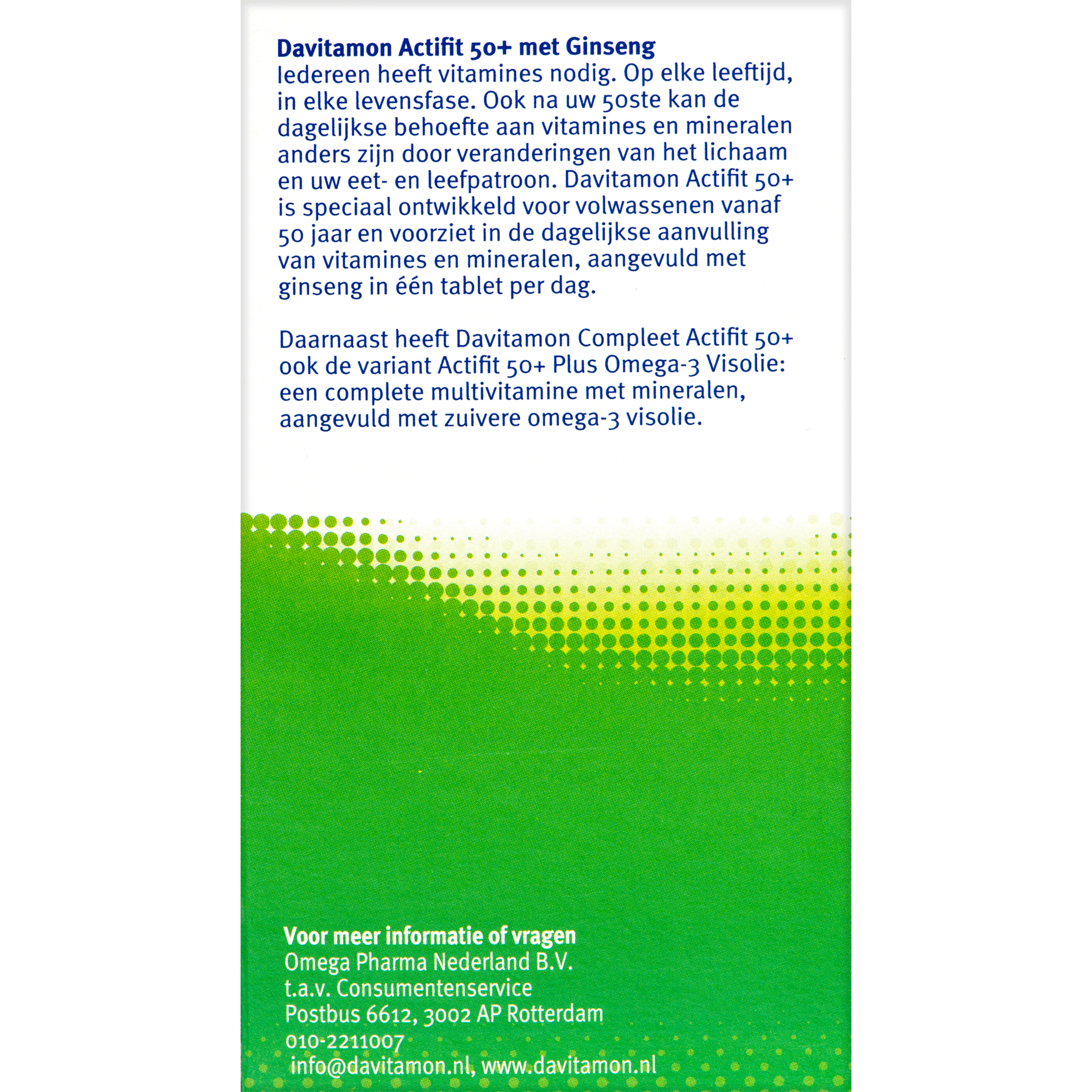 Davitamon Actifit 50+ multivitamin tablets in a blister pack, dietary supplement for adults over 50.