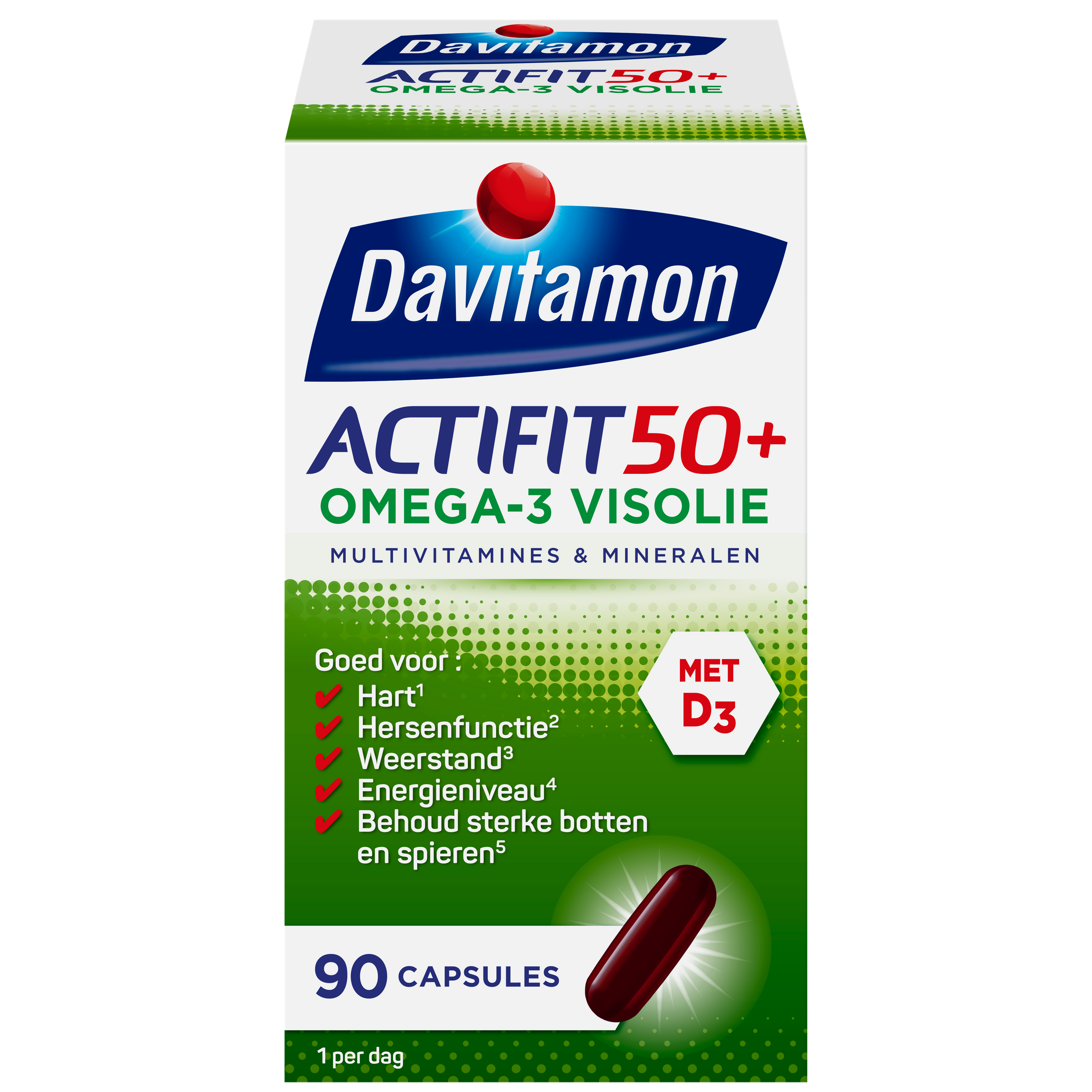 Davitamon Actifit 50+ Omega-3 multivitamin capsules, 90-count, with softgel capsules containing omega-3 fatty acids and vitamins.