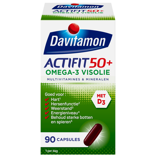 Davitamon Actifit 50+ Omega-3 multivitamin capsules, 90-count, with softgel capsules containing omega-3 fatty acids and vitamins.