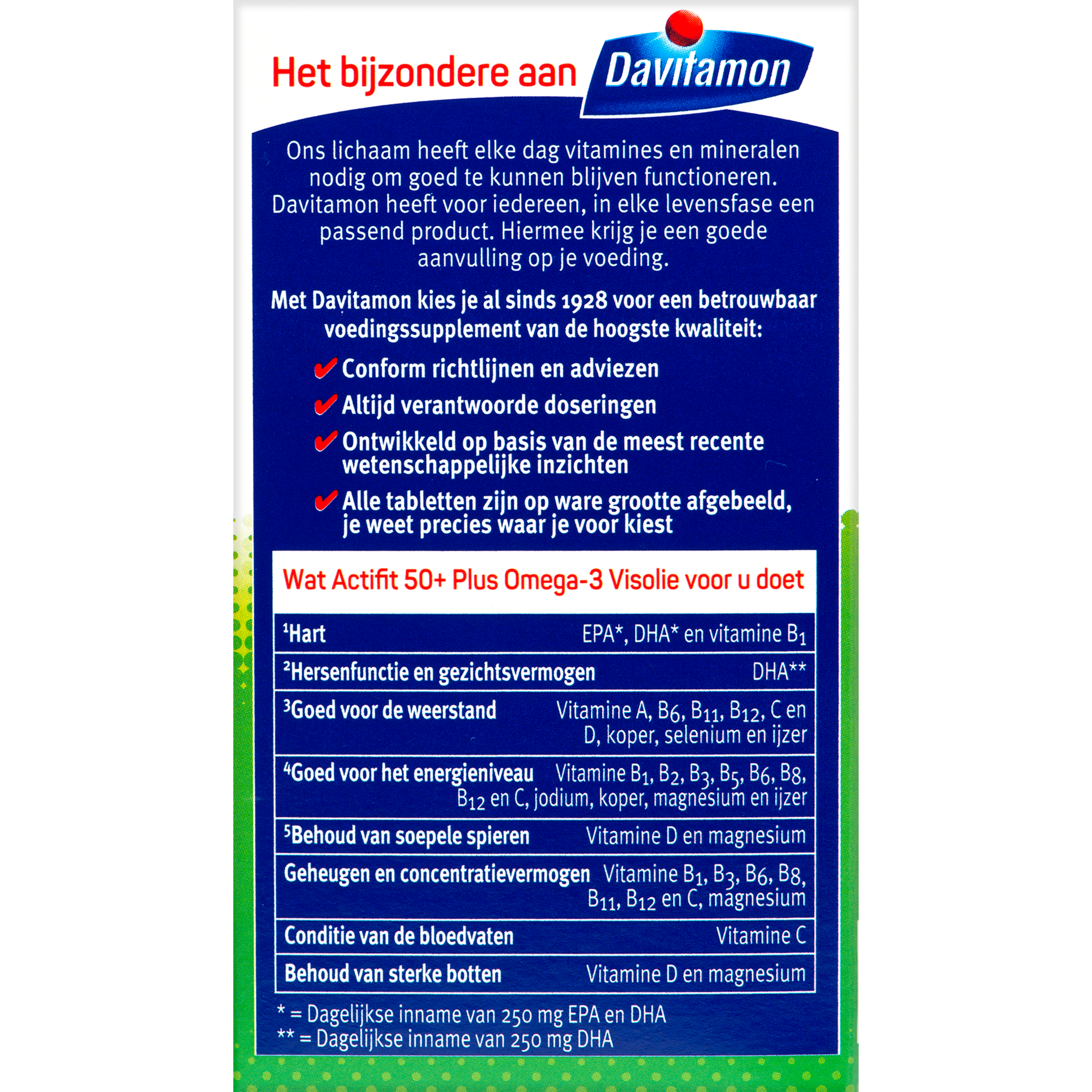 Davitamon Actifit 50+ Omega 3 multivitamin capsules in a bottle, designed for adults over 50's health support.