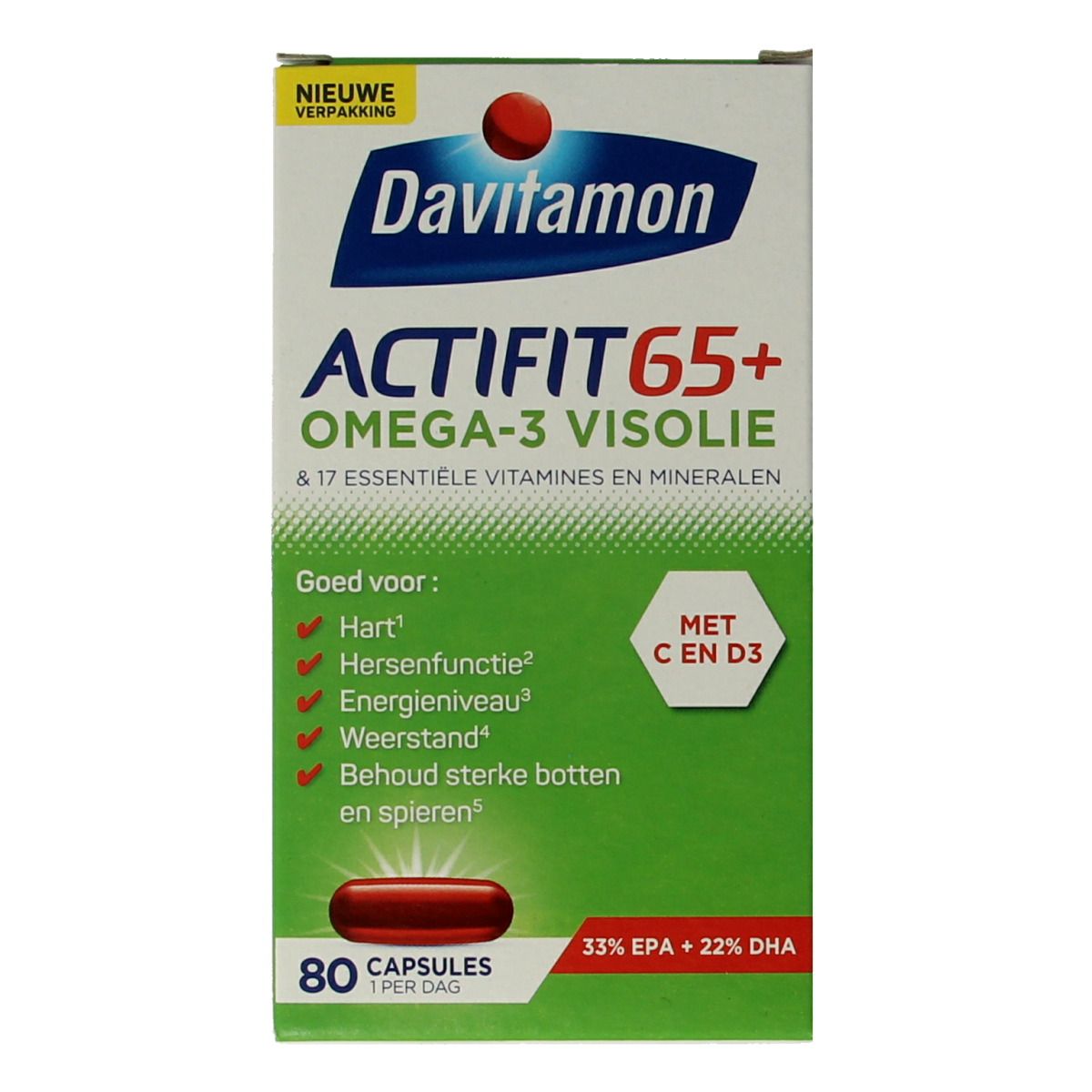 Davitamon Actifit 65+ Omega 3 multivitamin capsules in a clear bottle with a white cap, designed for seniors' health support.
