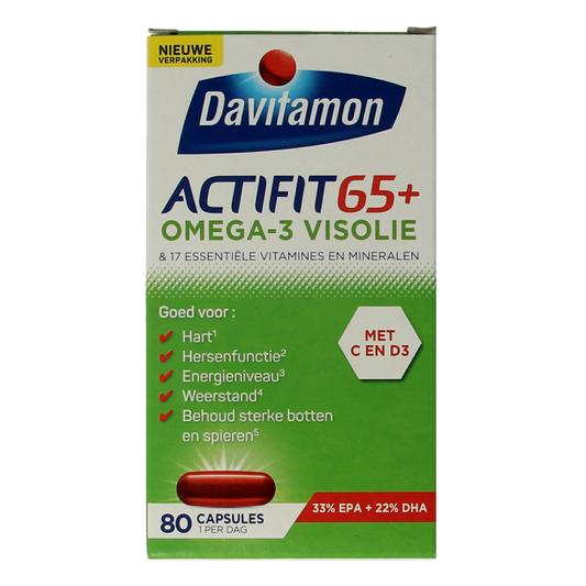 Davitamon Actifit 65+ Omega 3 multivitamin capsules in a clear bottle with a white cap, designed for seniors' health support.