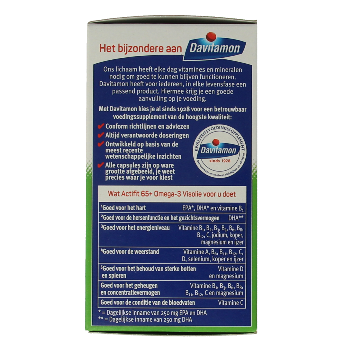 Davitamon Actifit 65+ Omega 3 multivitamin capsules in a bottle, designed for adults over 65, featuring omega-3 and essential nutrients.