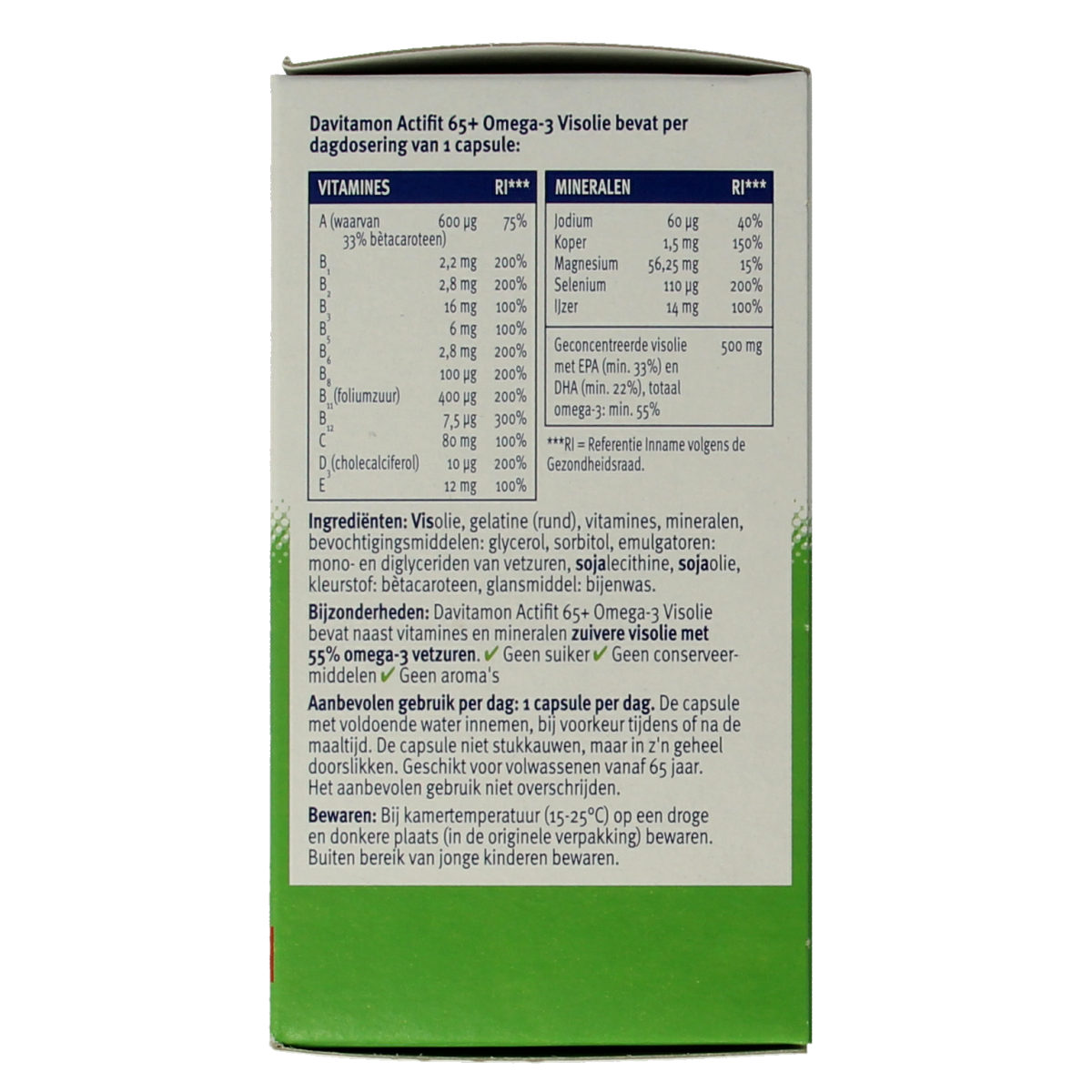 Davitamon Actifit 65+ Omega 3 multivitamin capsules, 80 count, in a white bottle with blue and green label.
