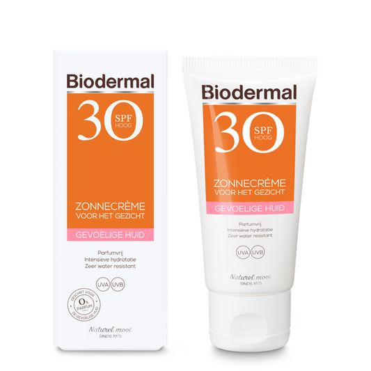 Biodermal SPF30 face sunscreen for sensitive skin in 50ml tube, with smooth lotion texture and protective sunblock formulation.