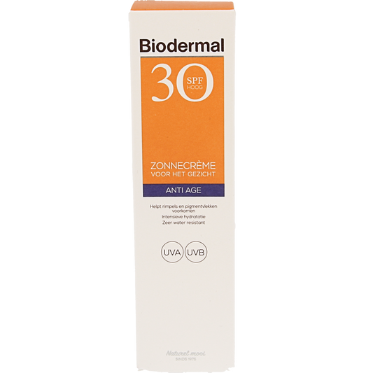 Biodermal anti-age face sunscreen SPF30 in 40ml tube with sun protection and anti-aging benefits.