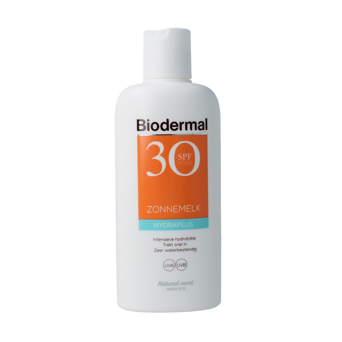 Biodermal Zonnemelk Hydraplus SPF30 sun lotion in 200ml bottle, showing the product packaging and label.