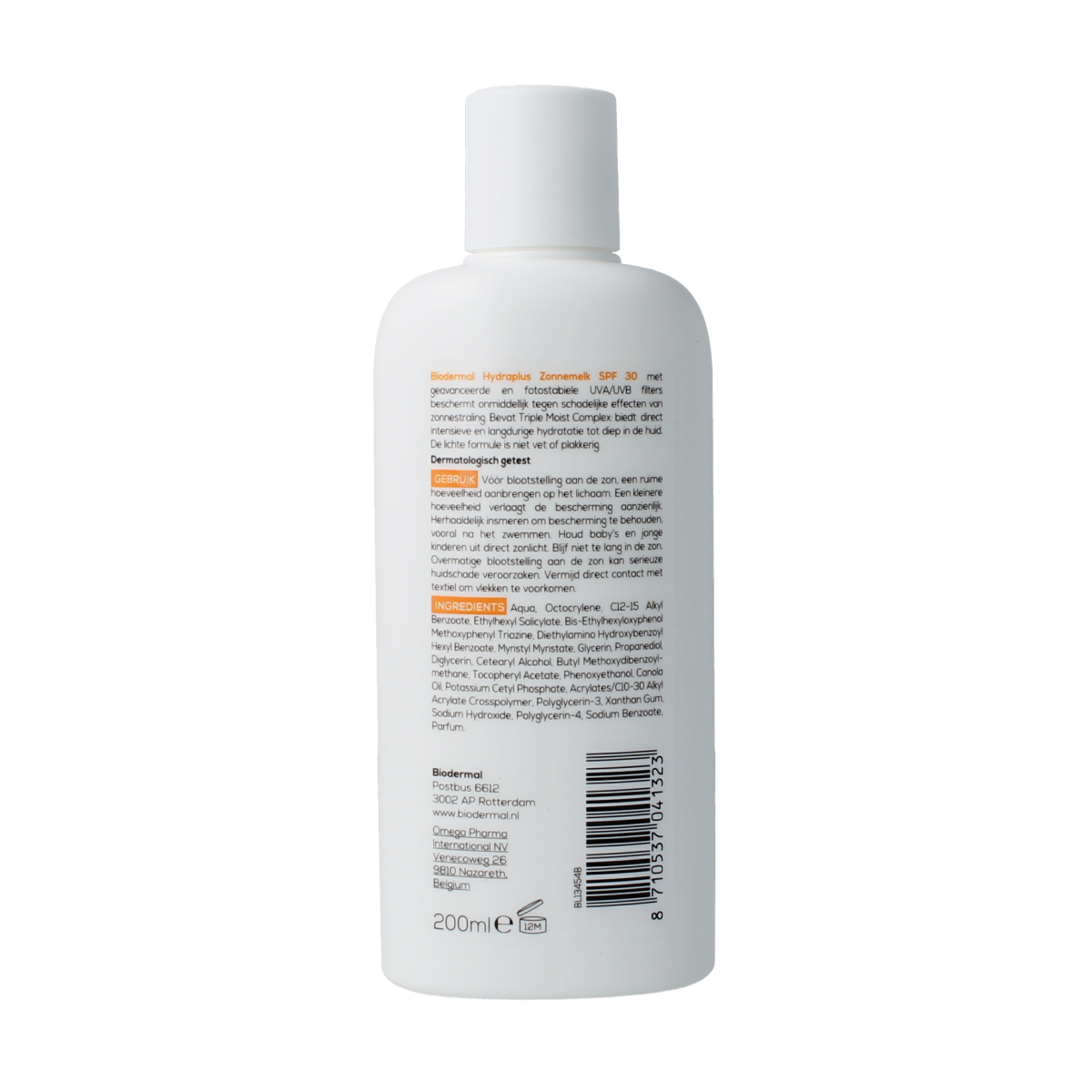 Biodermal Zonnemelk Hydraplus SPF30 sunscreen lotion in a 200ml bottle with a pump dispenser, suitable for sun protection.