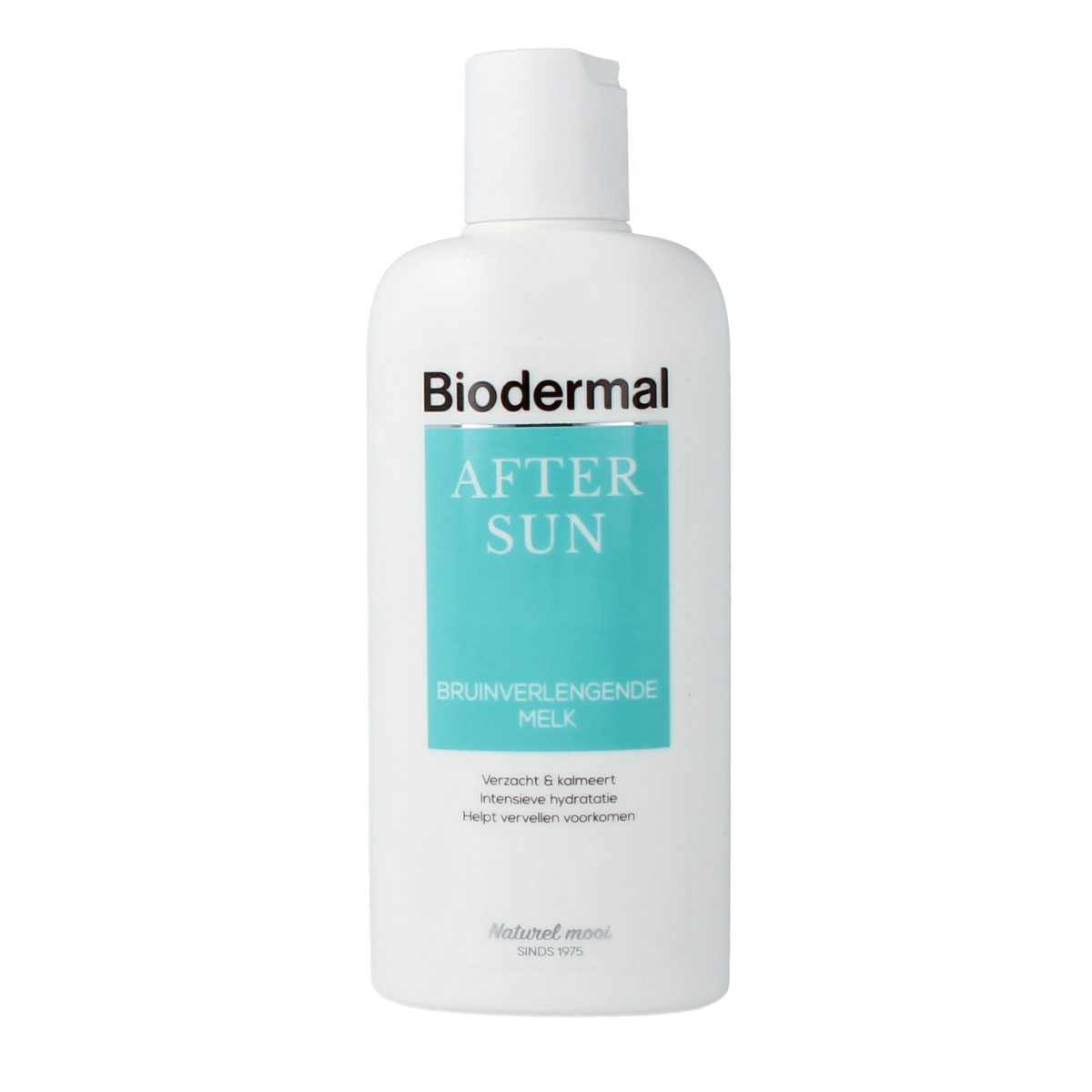 Biodermal Aftersun bruinverlengende melk in 200ml bottle, moisturizing after sun lotion with sun protection for bronzed skin