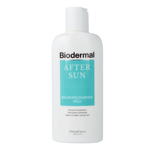 Biodermal Aftersun bruinverlengende melk in 200ml bottle, moisturizing after sun lotion with sun protection for bronzed skin