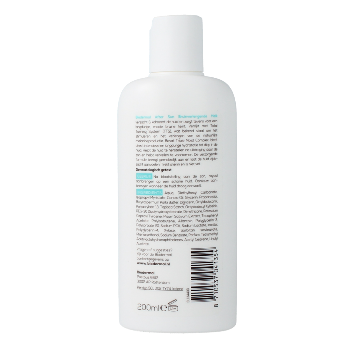Biodermal Aftersun bruinverlengende melk in 200ml bottle, sun tanning aftercare lotion with soothing ingredients.