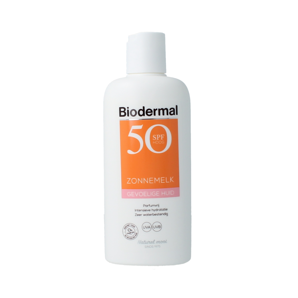 Biodermal Zonnemelk SPF50+ sun lotion for sensitive skin, 200ml bottle, ideal for protecting delicate skin from sun damage.